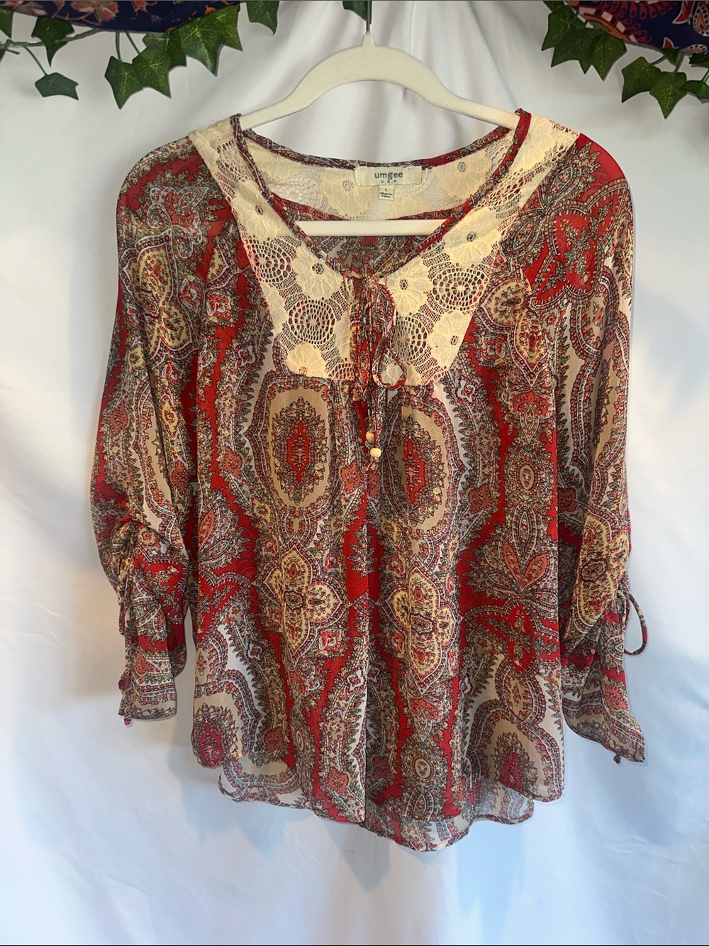 Umgee Red Paisley Crochet-Trim Tie-Neck Blouse